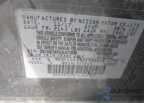 2018 Nissan Sentra Sv из США, поврежденный, VIN 3N1AB7AP4JL611935